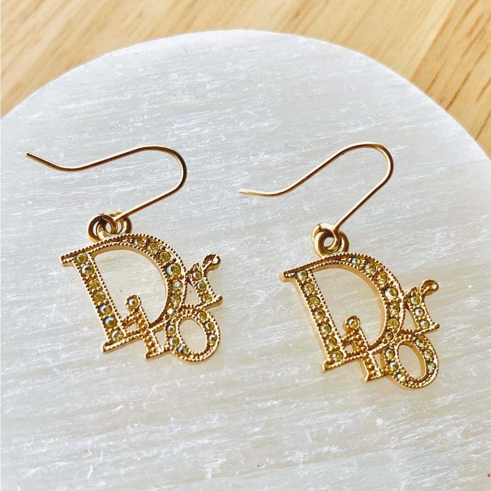 Christian Dior Gold Rhinestone Logo Letters Hook Earrings